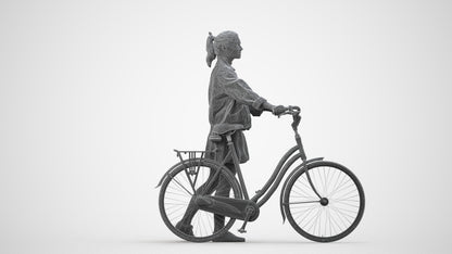 scanned 3D woman casual cycling, photogrammetry people for Enscape and V-Ray, wireframe side view