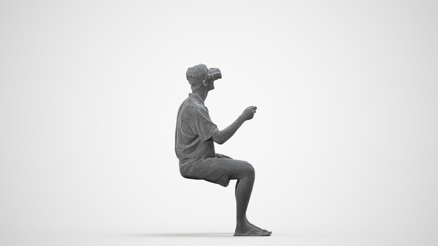 3D human model man casual sitting, photogrammetry scanned person for archviz, wireframe side view