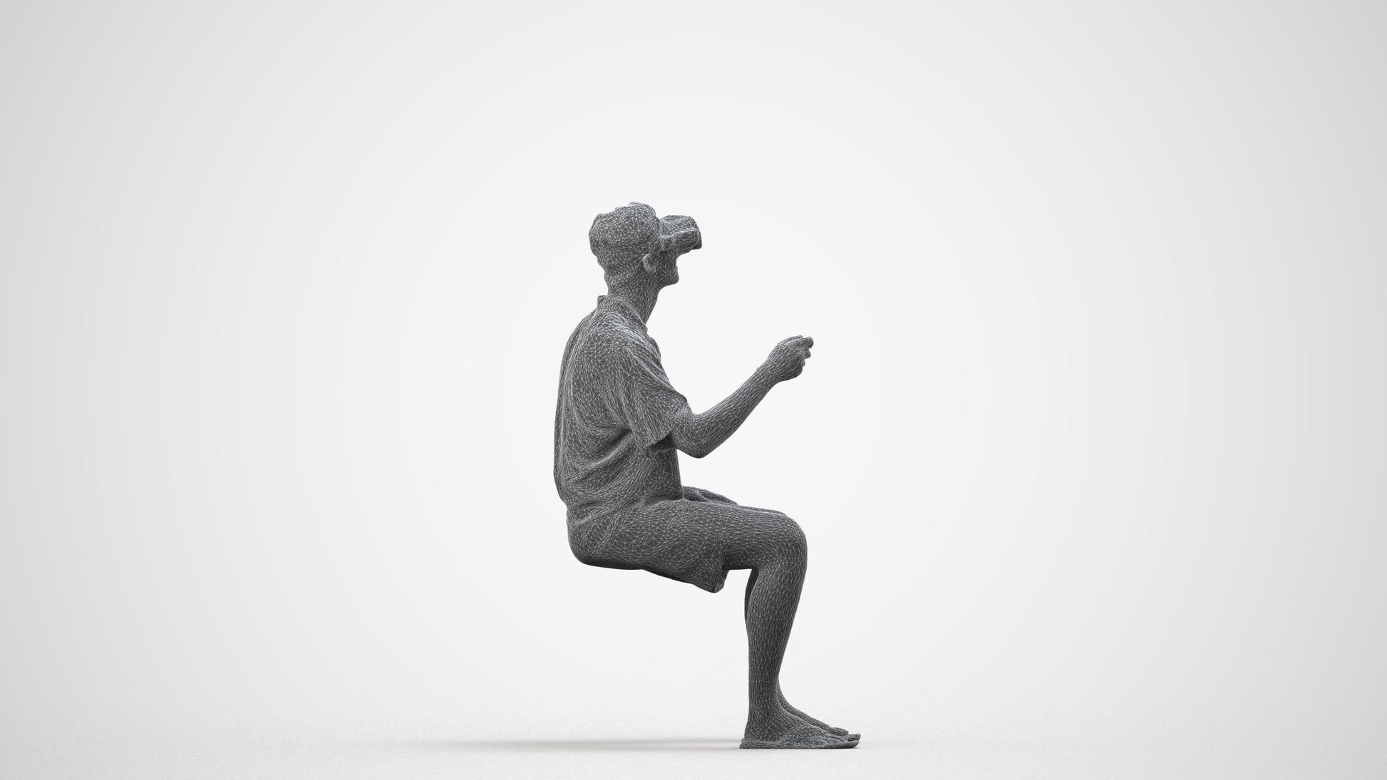 3D human model man casual sitting, photogrammetry scanned person for archviz, wireframe side view
