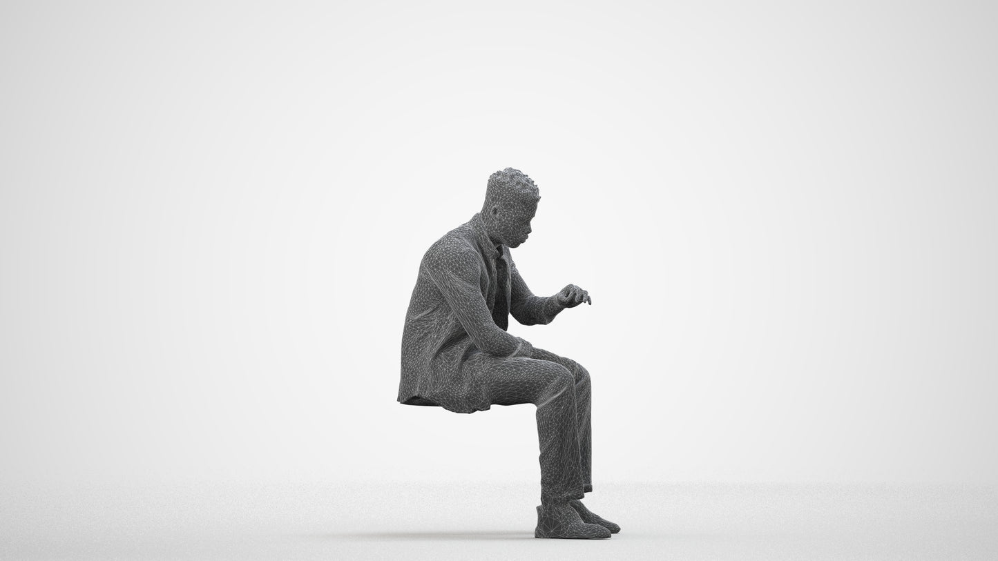 3D human model man casual sitting, photogrammetry scanned person for archviz, wireframe side view