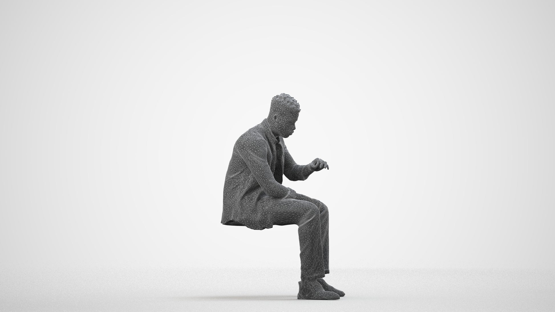 3D human model man casual sitting, photogrammetry scanned person for archviz, wireframe side view