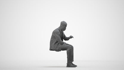 3D human model man casual sitting, photogrammetry scanned person for archviz, wireframe side view