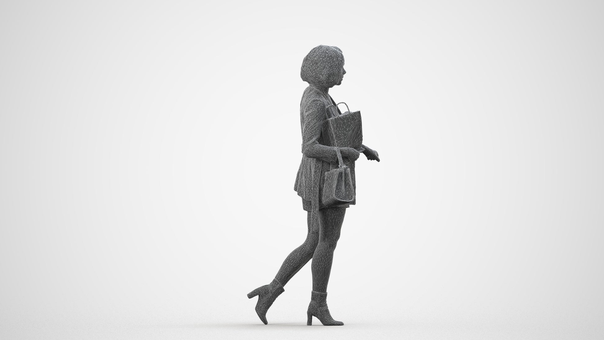 3D human model woman casual shopping, photogrammetry scanned person for archviz, wireframe side view