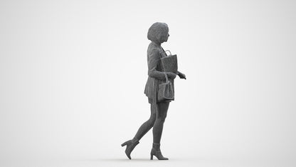 3D human model woman casual shopping, photogrammetry scanned person for archviz, wireframe side view