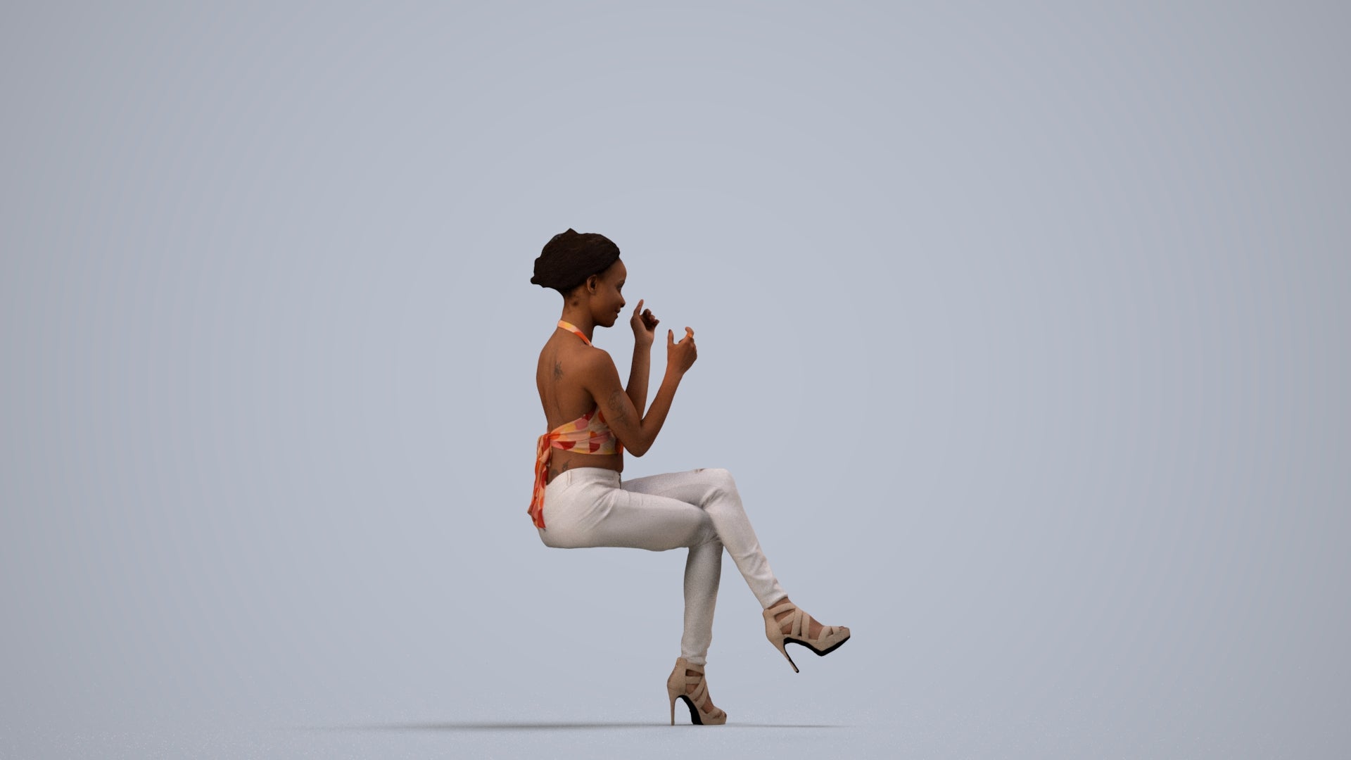 3D scanned woman sitting casual, photorealistic archviz people for Enscape and SketchUp, side view render