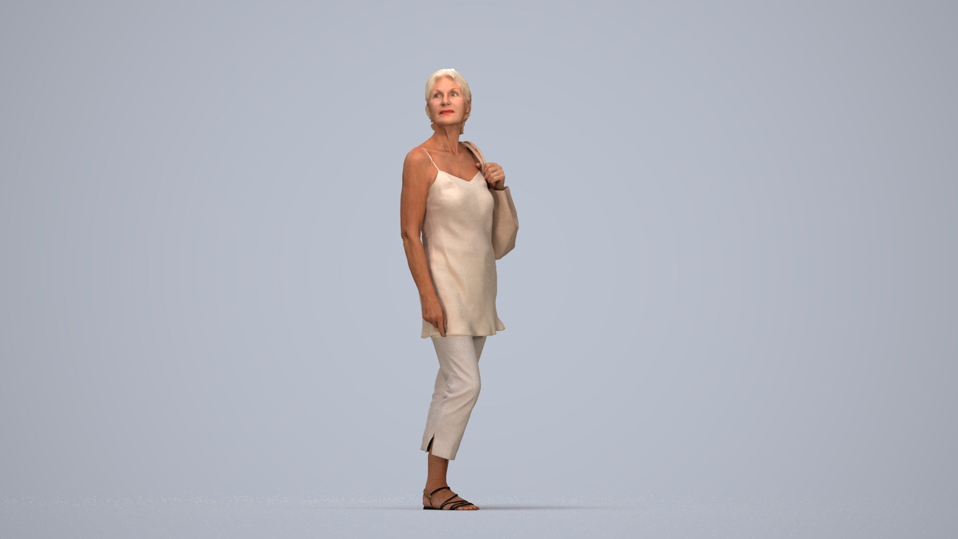 3D scanned senior woman standing casual, photorealistic archviz people for Enscape and SketchUp, top-down view render