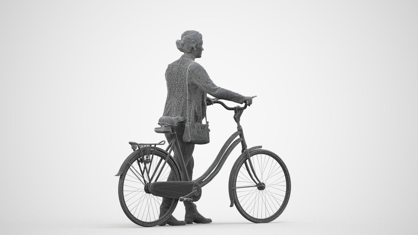 scanned 3D woman business cycling, photogrammetry people for Enscape and V-Ray, wireframe side view