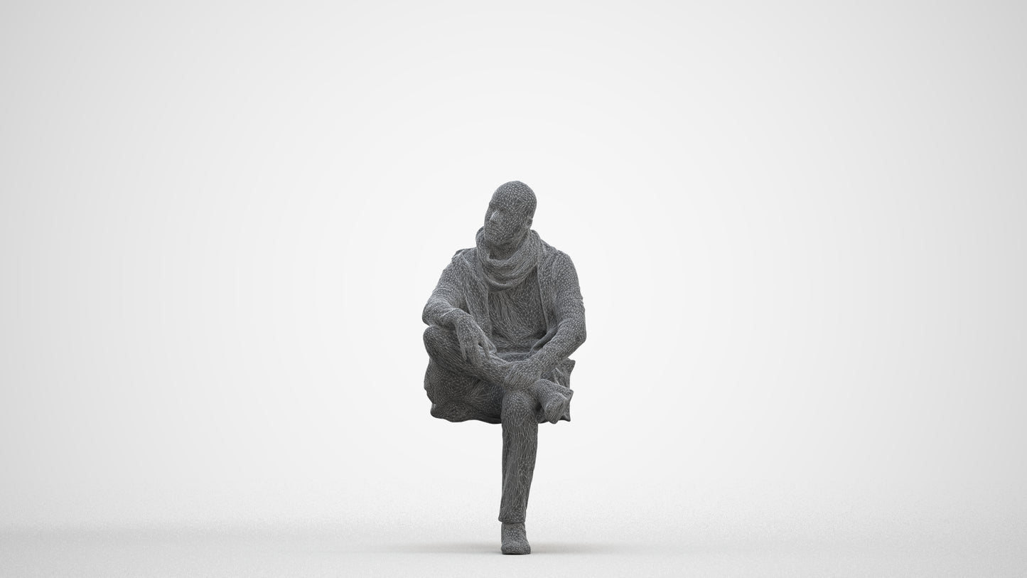 3D people model man casual sitting, scanned human for 3ds Max rendering, three-quarter front view render