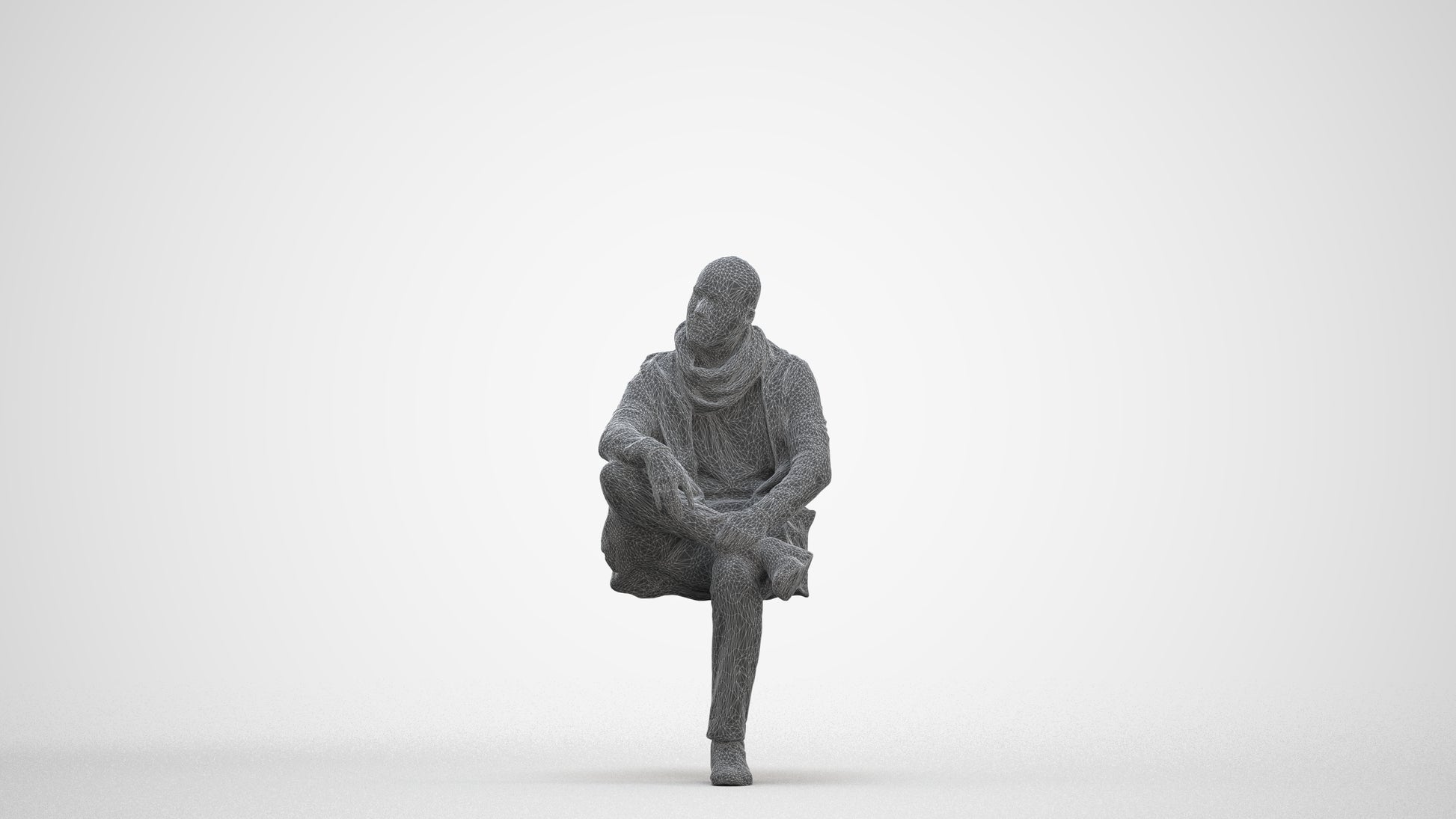 3D people model man casual sitting, scanned human for 3ds Max rendering, three-quarter front view render