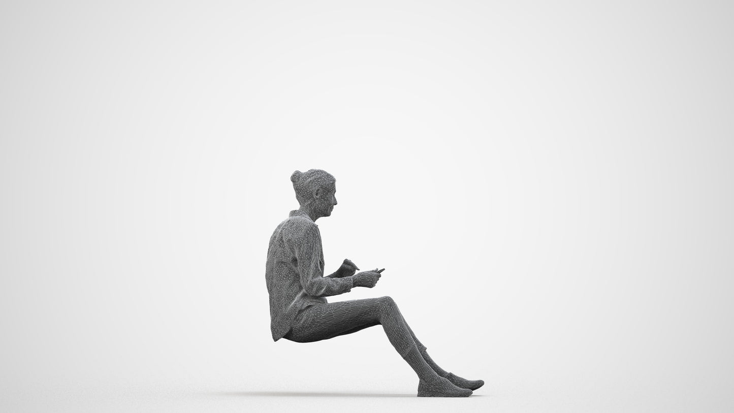 3D scanned senior woman sitting casual, photorealistic archviz people for Enscape and SketchUp, wireframe side view