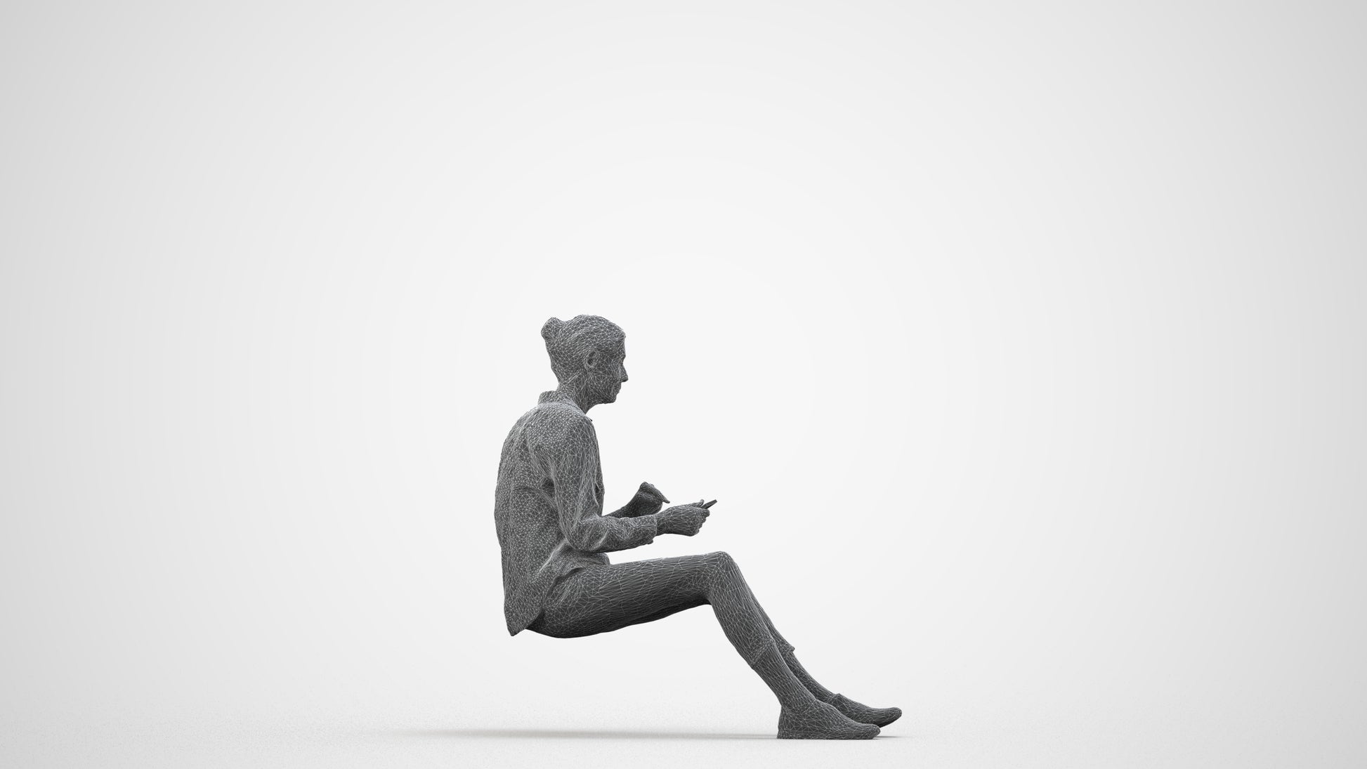 3D scanned senior woman sitting casual, photorealistic archviz people for Enscape and SketchUp, wireframe side view