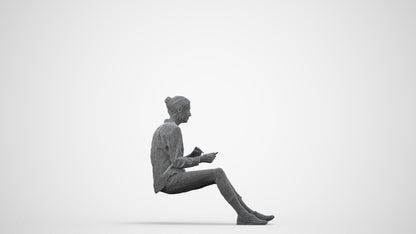3D scanned senior woman sitting casual, photorealistic archviz people for Enscape and SketchUp, wireframe side view