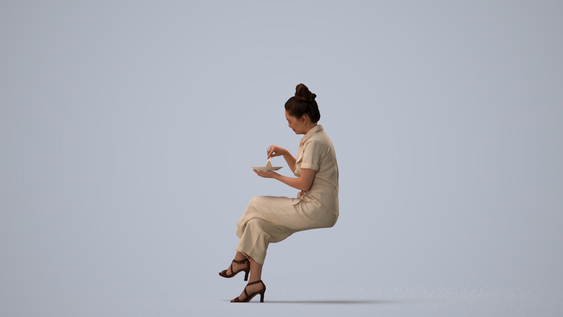 photogrammetry 3D woman formal sitting, realistic human model archviz FBX, three-quarter view render