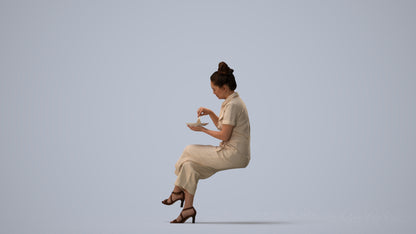 photogrammetry 3D woman formal sitting, realistic human model archviz FBX, three-quarter view render