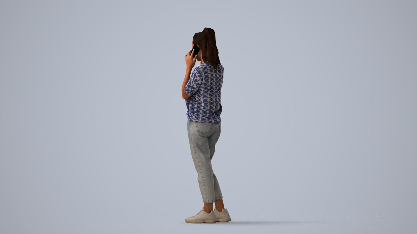 3D scanned woman standing casual, photorealistic archviz people for Enscape and SketchUp, three-quarter view render
