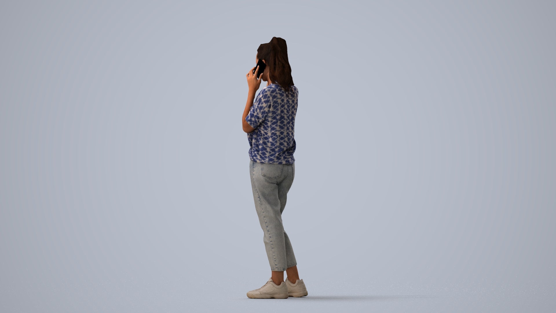 3D scanned woman standing casual, photorealistic archviz people for Enscape and SketchUp, three-quarter view render