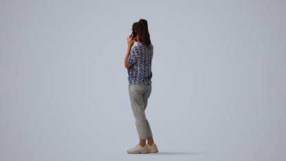 3D scanned woman standing casual, photorealistic archviz people for Enscape and SketchUp, three-quarter view render
