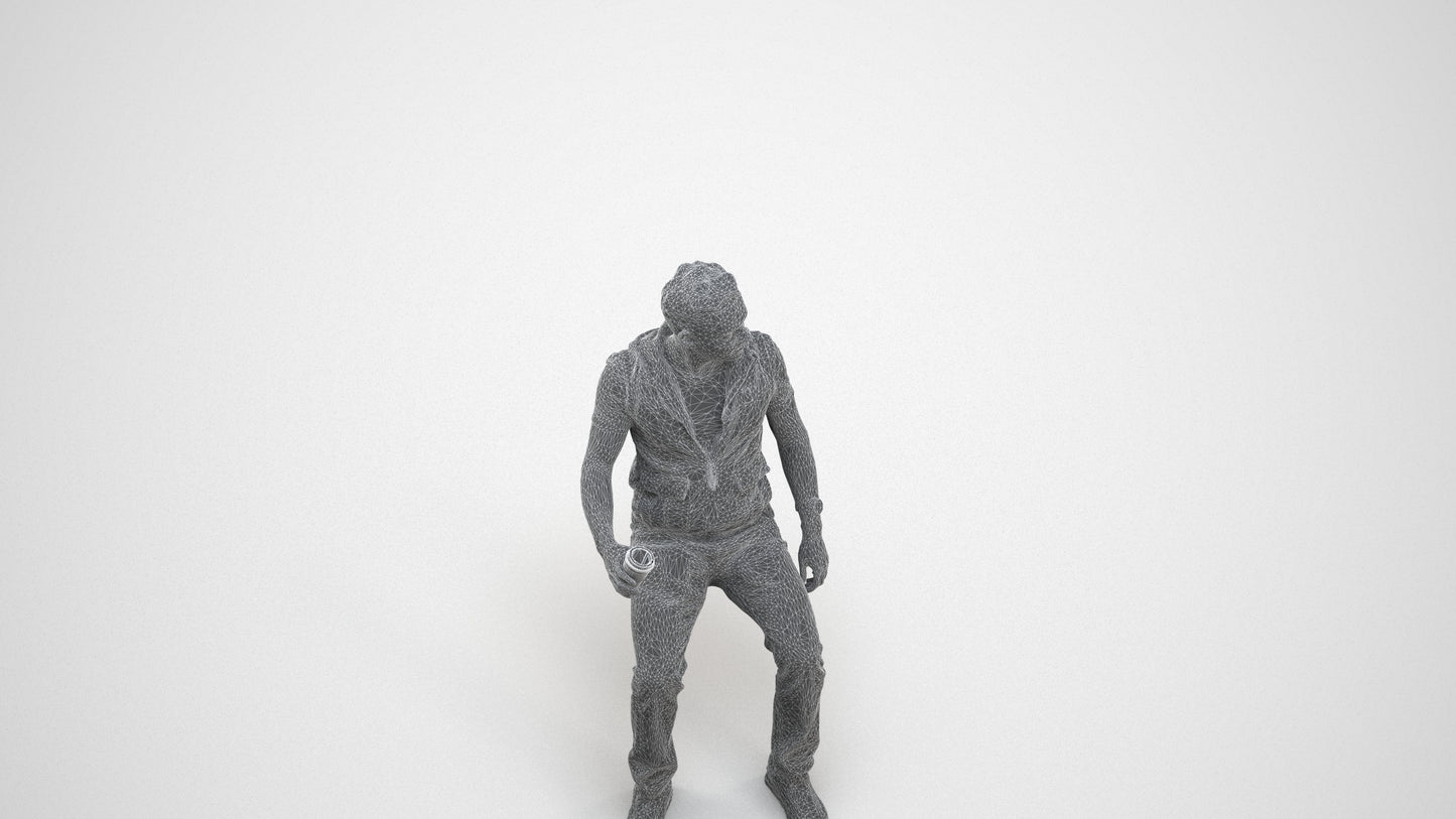realistic 3D human man casual sitting, archviz people FBX OBJ for Blender, wireframe three-quarter view