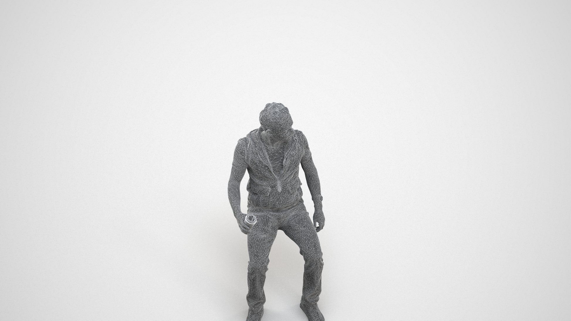 realistic 3D human man casual sitting, archviz people FBX OBJ for Blender, wireframe three-quarter view