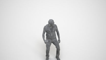 realistic 3D human man casual sitting, archviz people FBX OBJ for Blender, wireframe three-quarter view