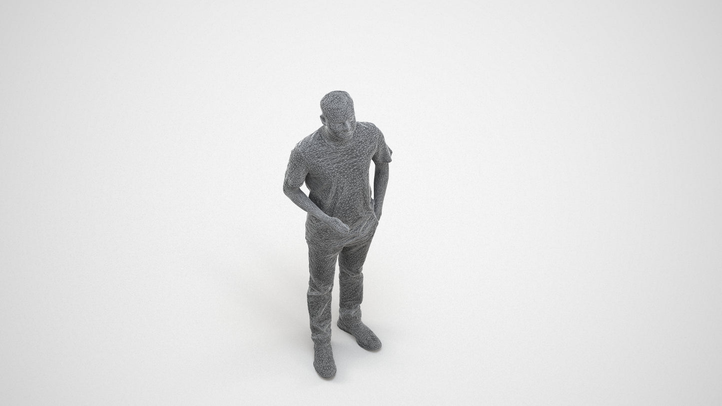 3D scanned man standing casual, photorealistic archviz people for Enscape and SketchUp, wireframe three-quarter view