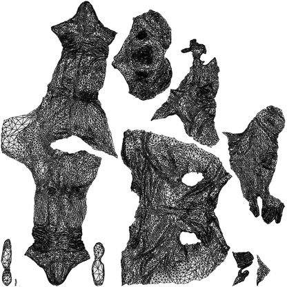 3D human model man casual sitting, photogrammetry scanned person for archviz, wireframe top-down view