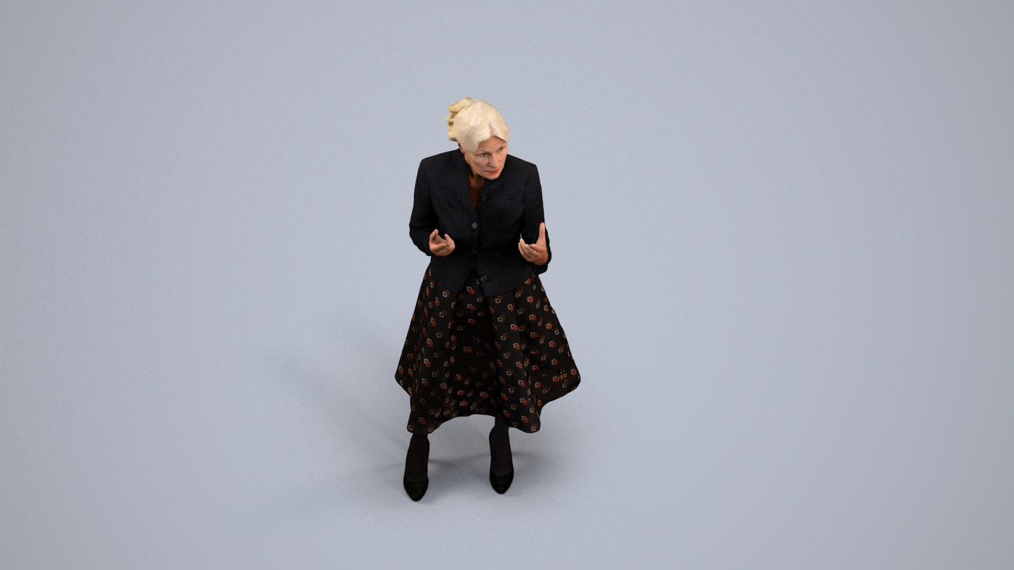 realistic 3D senior woman business standing, scanned archviz people for Blender and 3ds Max, back view render