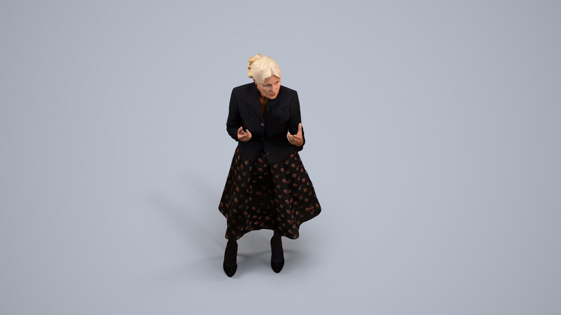 realistic 3D senior woman business standing, scanned archviz people for Blender and 3ds Max, back view render