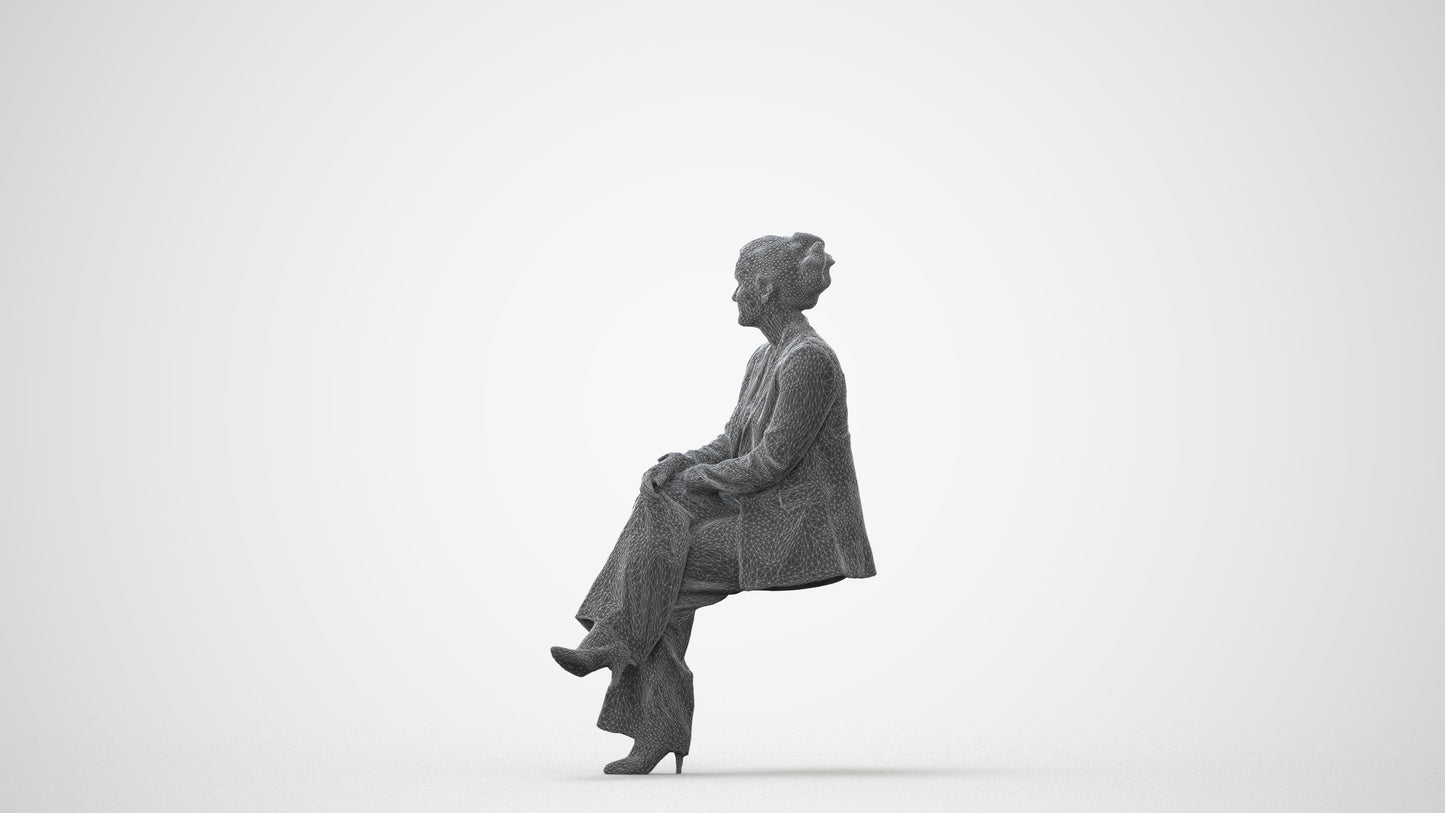 3D human model woman business sitting, photogrammetry scanned person for archviz, square thumbnail