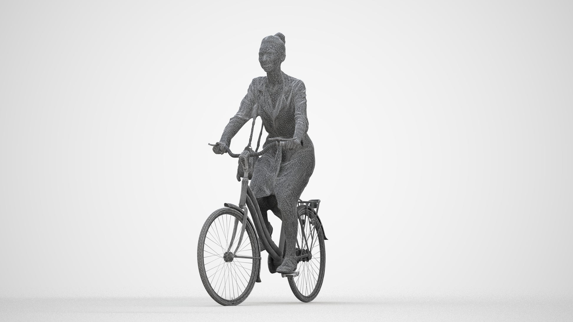 realistic 3D woman casual cycling, scanned archviz people for Blender and 3ds Max, wireframe back view