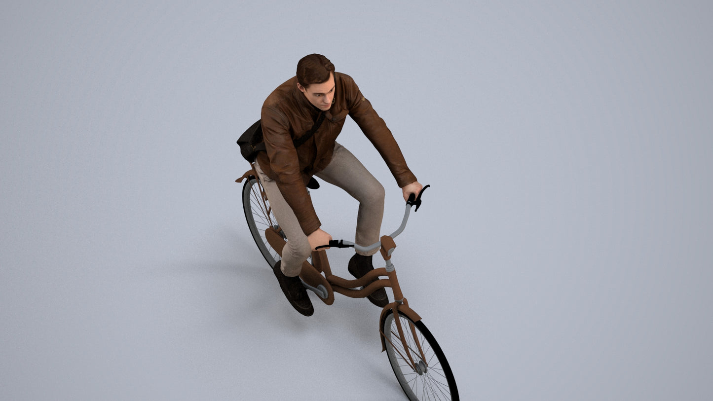realistic 3D man casual cycling, scanned archviz people for Blender and 3ds Max, back view render
