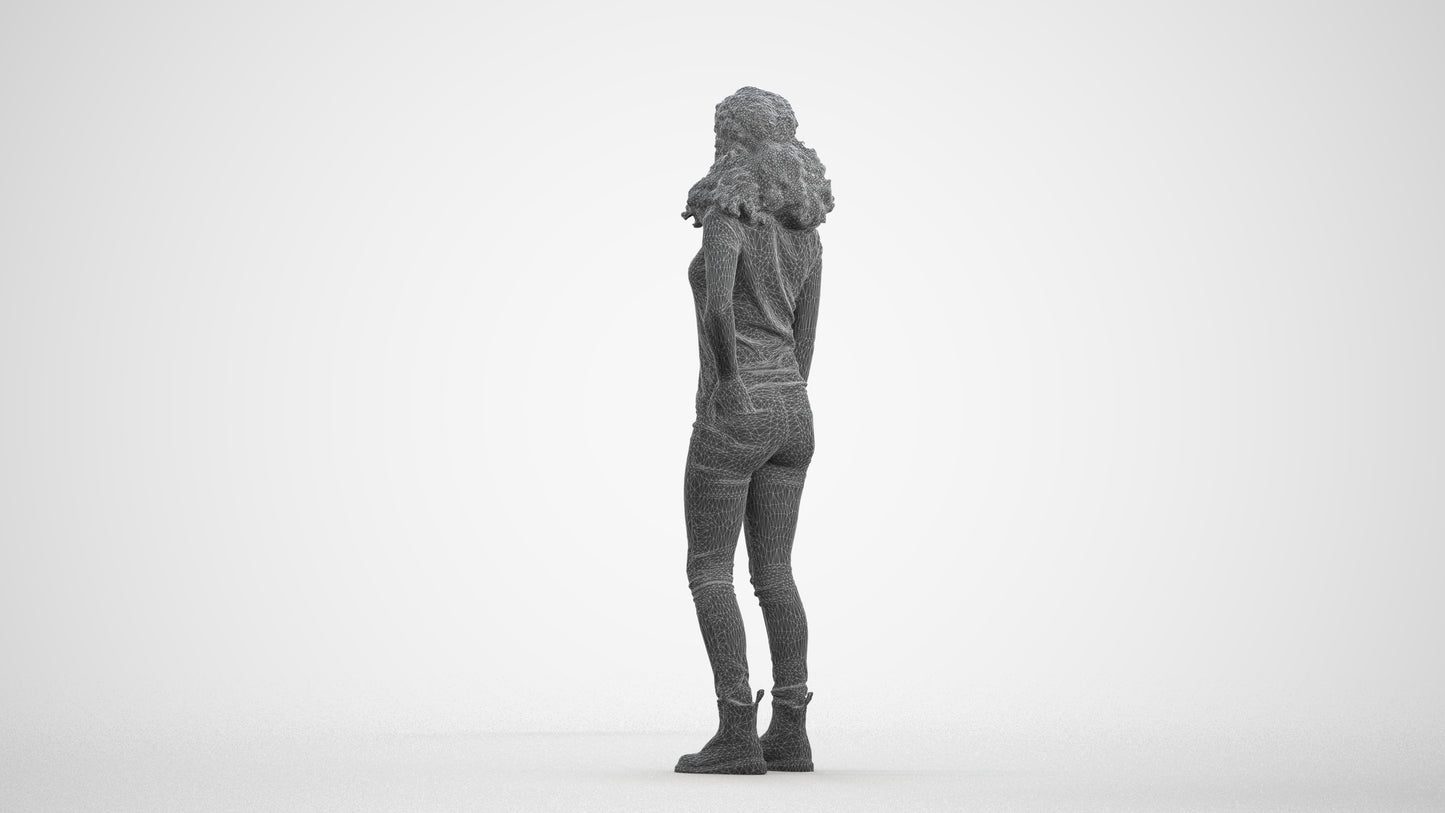 realistic 3D human woman casual standing, archviz people FBX OBJ for Blender, wireframe front view