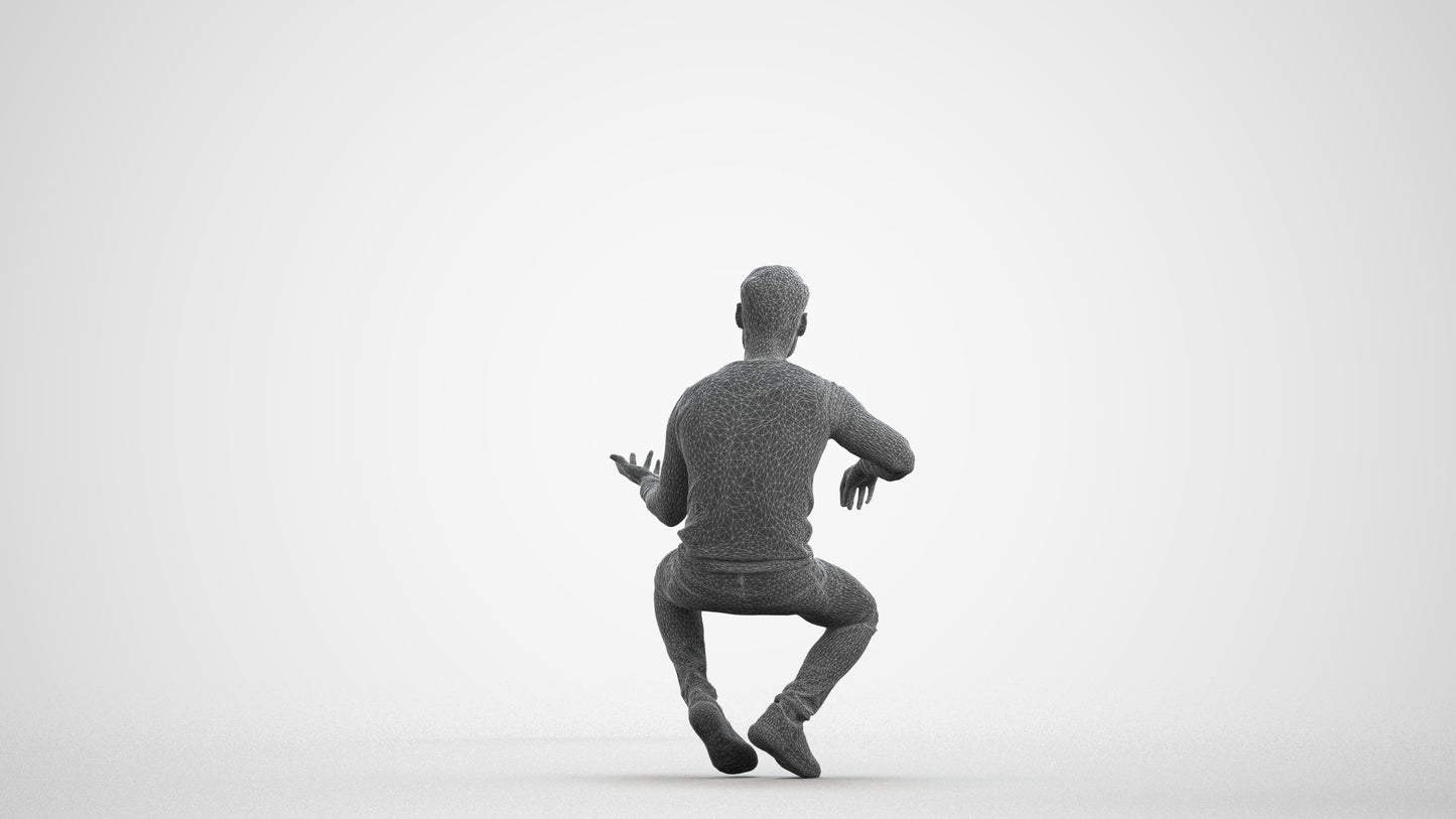 3D people model man casual sitting, scanned human for 3ds Max rendering, wireframe front view