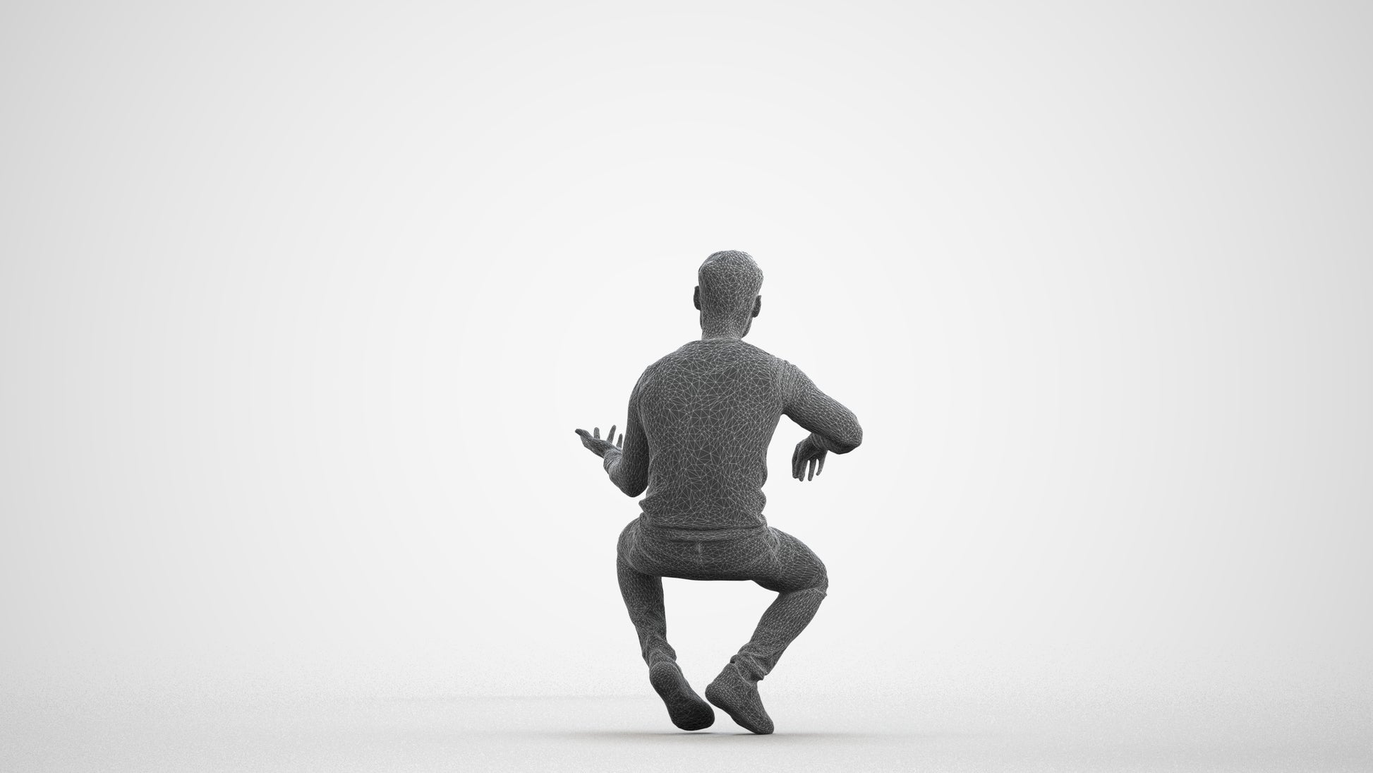 3D people model man casual sitting, scanned human for 3ds Max rendering, wireframe front view