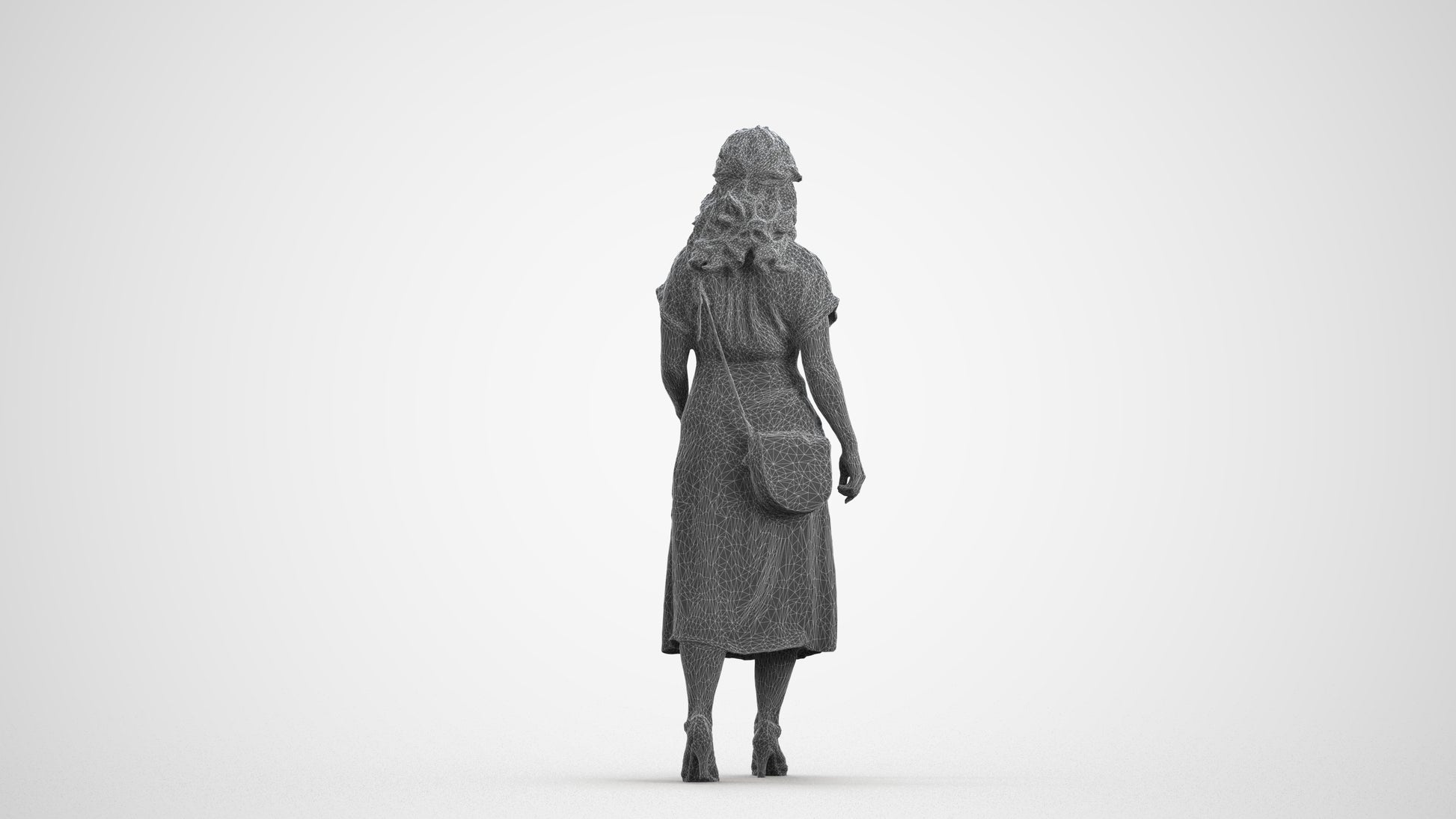 realistic 3D woman casual standing, scanned archviz people for Blender and 3ds Max, wireframe front view
