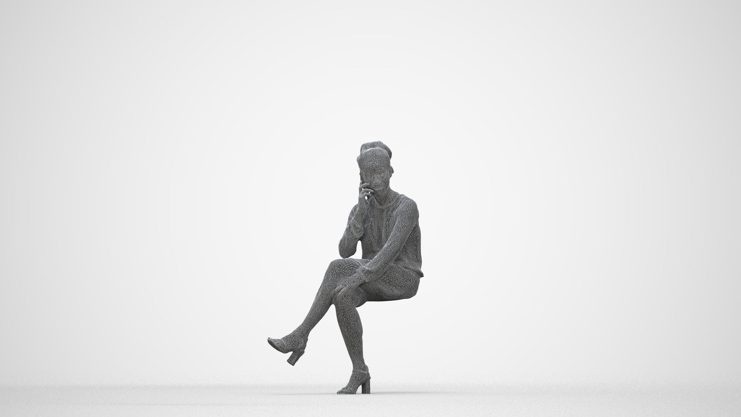 3D people model woman casual sitting, scanned human for 3ds Max rendering, wireframe back view