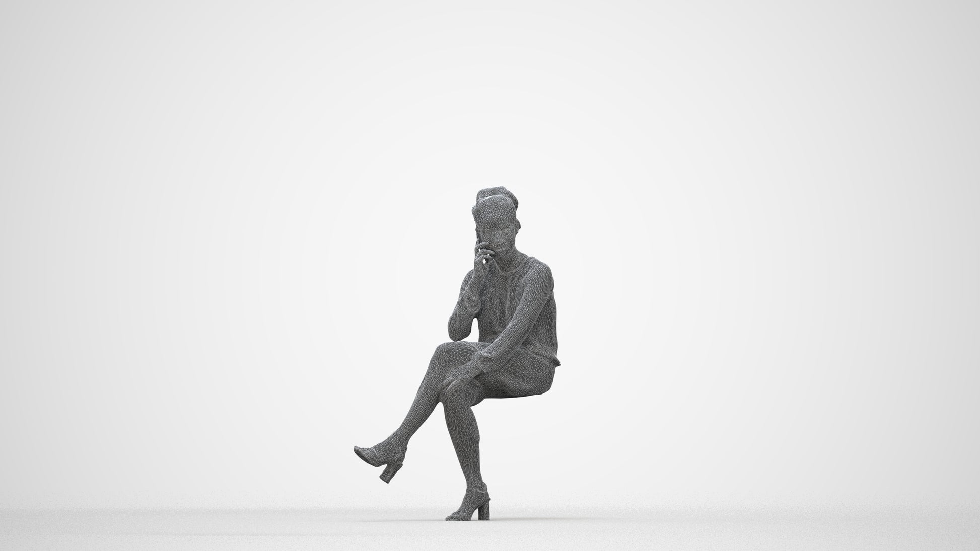 3D people model woman casual sitting, scanned human for 3ds Max rendering, wireframe back view