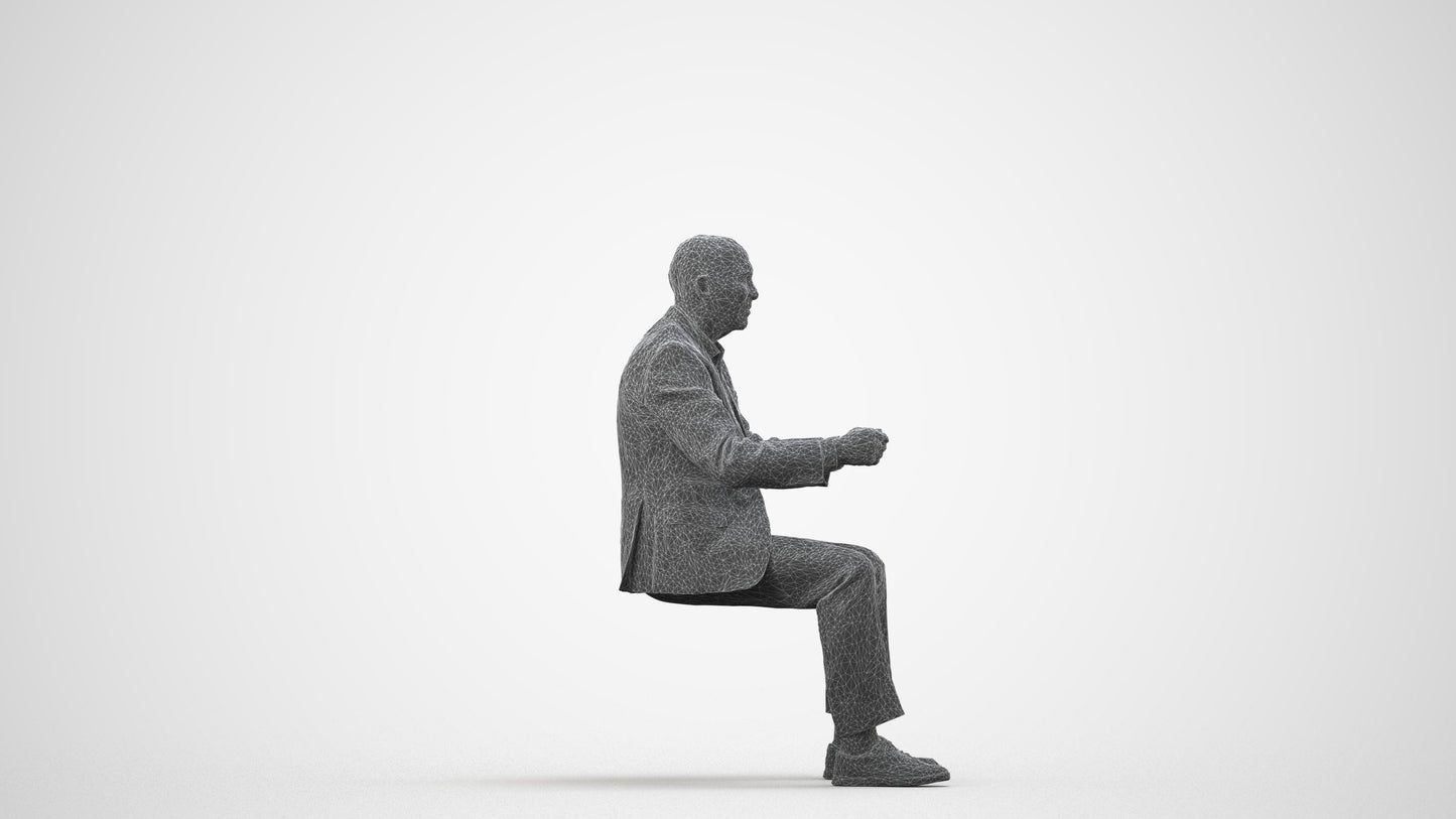 photogrammetry 3D senior man business driving, realistic human model archviz FBX, wireframe side view