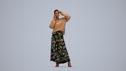 3D human model woman casual standing, photogrammetry scanned person for archviz, top-down view render