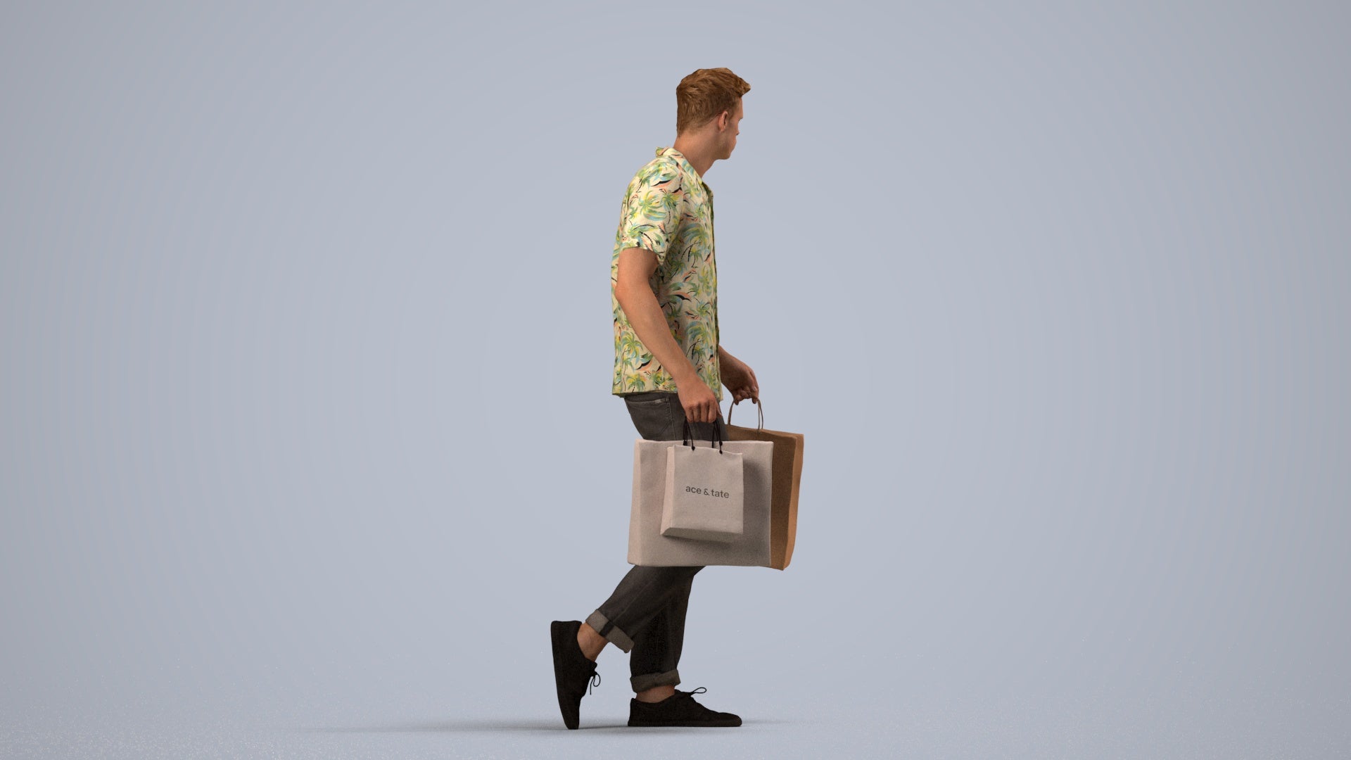 3D human model man casual shopping, photogrammetry scanned person for archviz, side view render