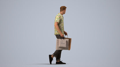 3D human model man casual shopping, photogrammetry scanned person for archviz, side view render