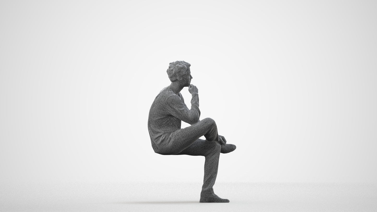 3D people model man casual sitting, scanned human for 3ds Max rendering, wireframe side view