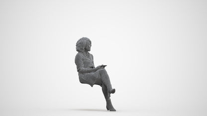 realistic 3D woman casual sitting, scanned archviz people for Blender and 3ds Max, three-quarter front view render
