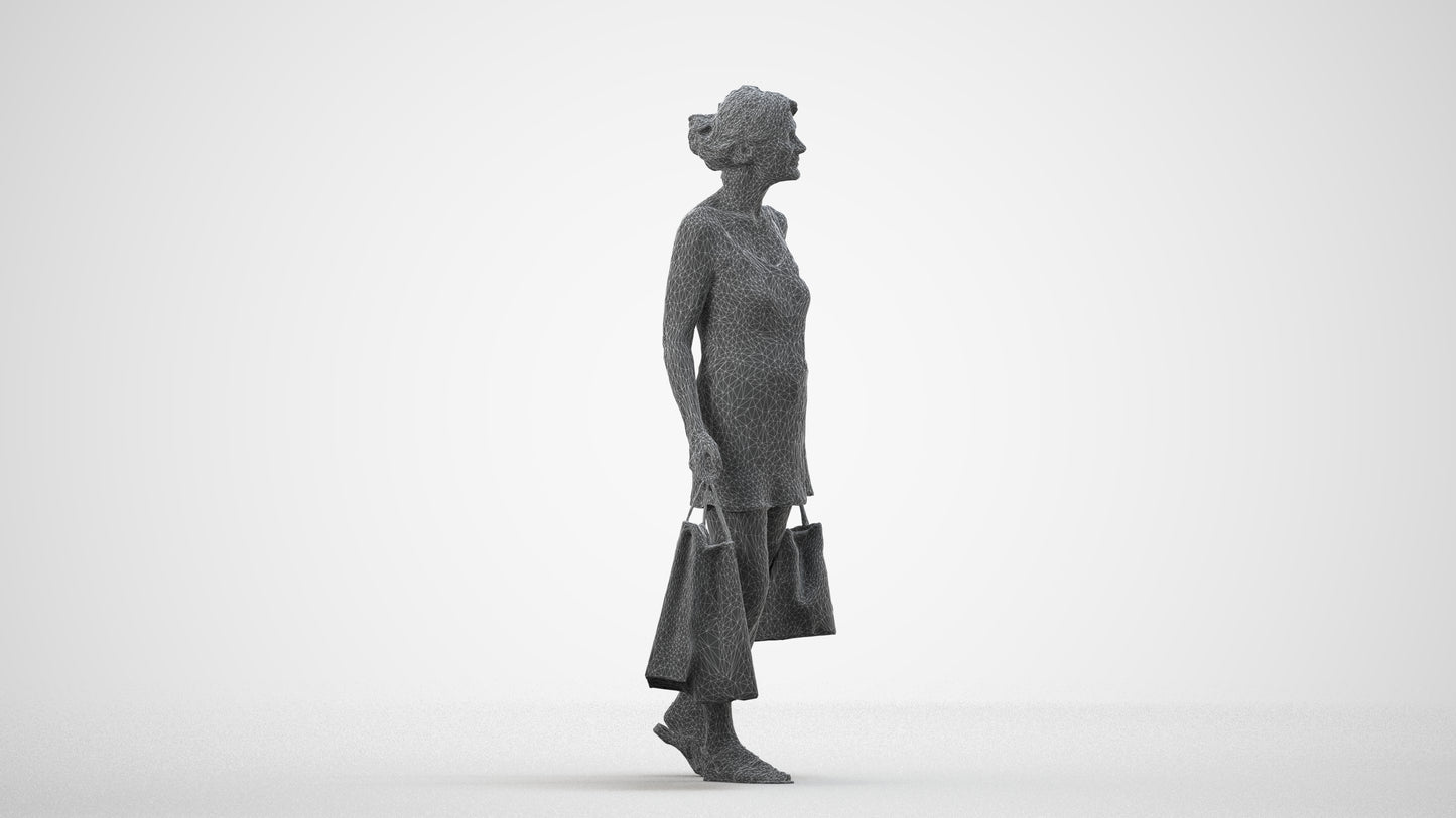 3D human model senior woman casual shopping, photogrammetry scanned person for archviz, wireframe side view
