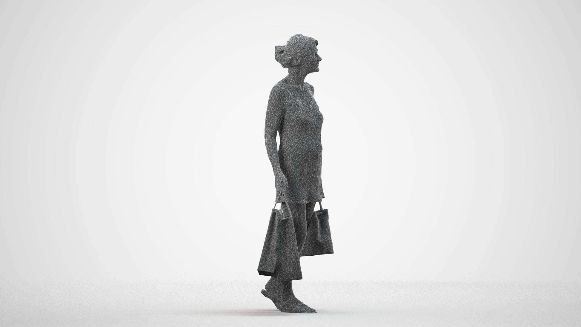 3D human model senior woman casual shopping, photogrammetry scanned person for archviz, wireframe side view