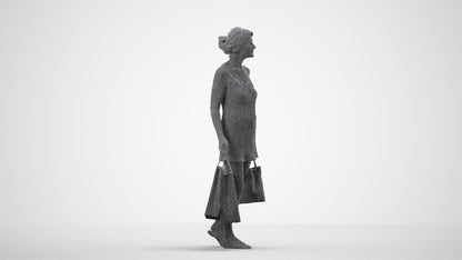 3D human model senior woman casual shopping, photogrammetry scanned person for archviz, wireframe side view