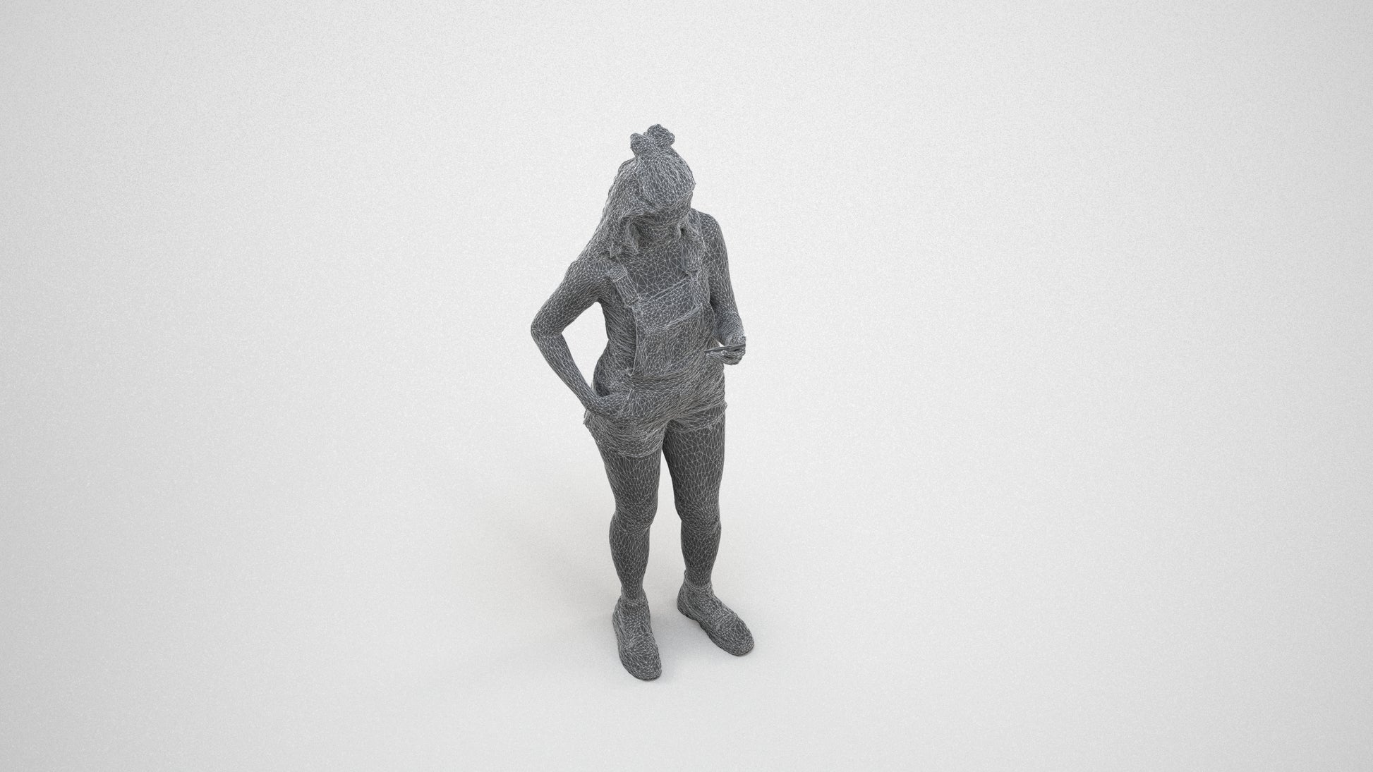 realistic 3D people woman casual standing, render-ready for V-Ray and Corona, FBX OBJ, wireframe three-quarter view