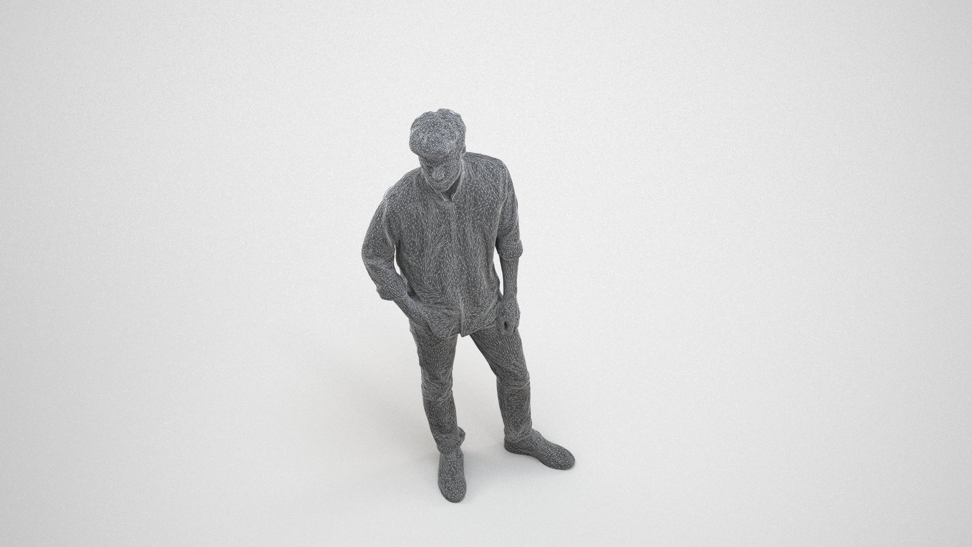 photogrammetry 3D man casual standing, realistic human model archviz FBX, wireframe three-quarter view