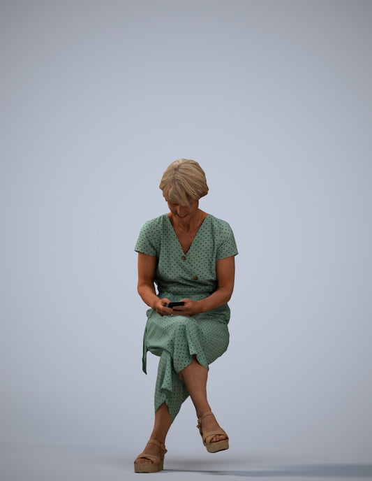 photogrammetry 3D senior woman casual sitting, realistic human model archviz FBX