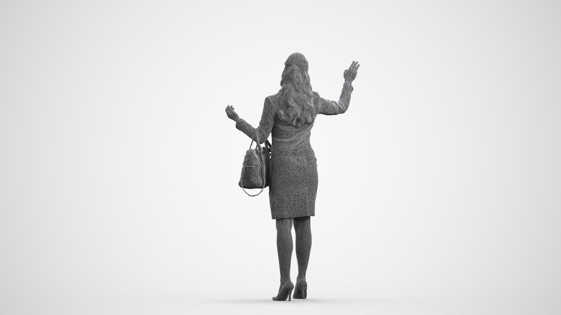 3D human model woman business standing, photogrammetry scanned person for archviz, wireframe front view